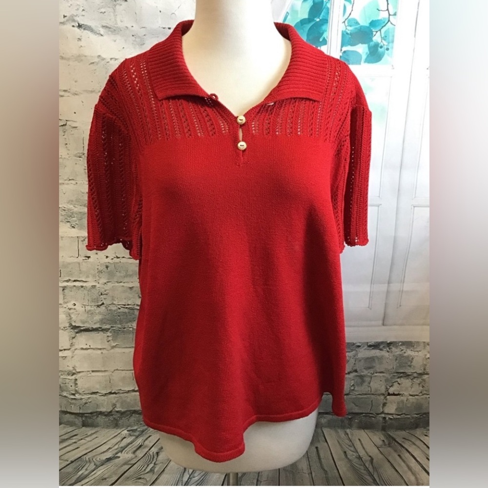 ST JOHN Sport Red Santana Knit Polo-Style Short Sleeves Top L